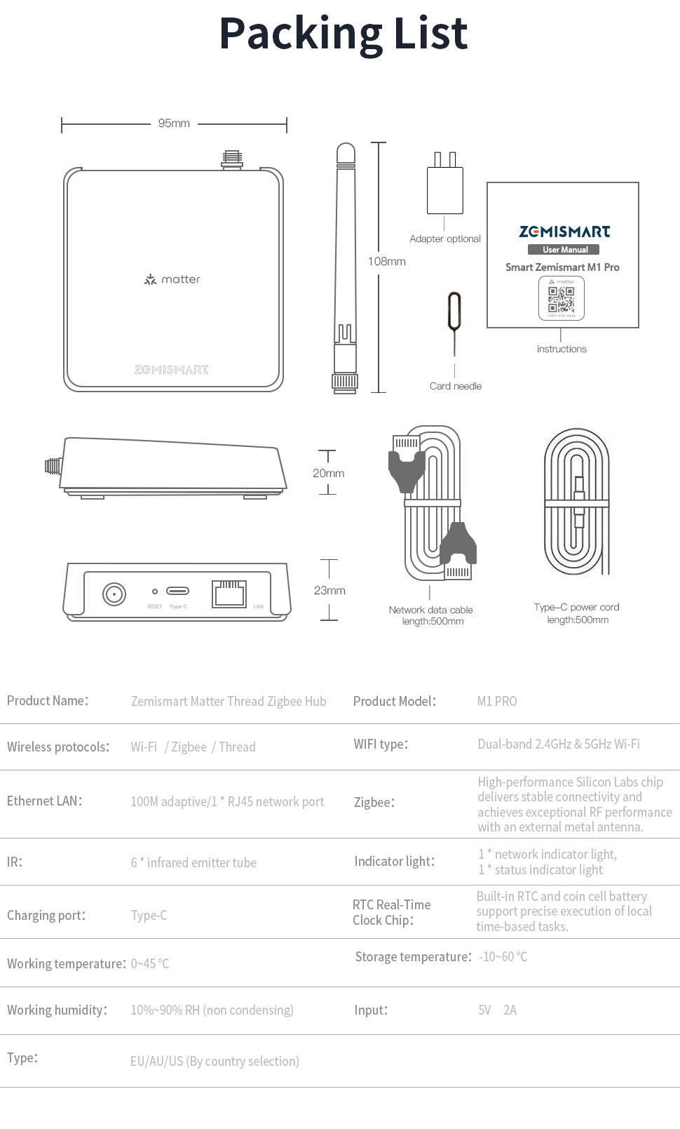 Trung tâm Hub Zigbee M1 Pro tương thích Matter Apple Homekit kích thước và phụ kiện
